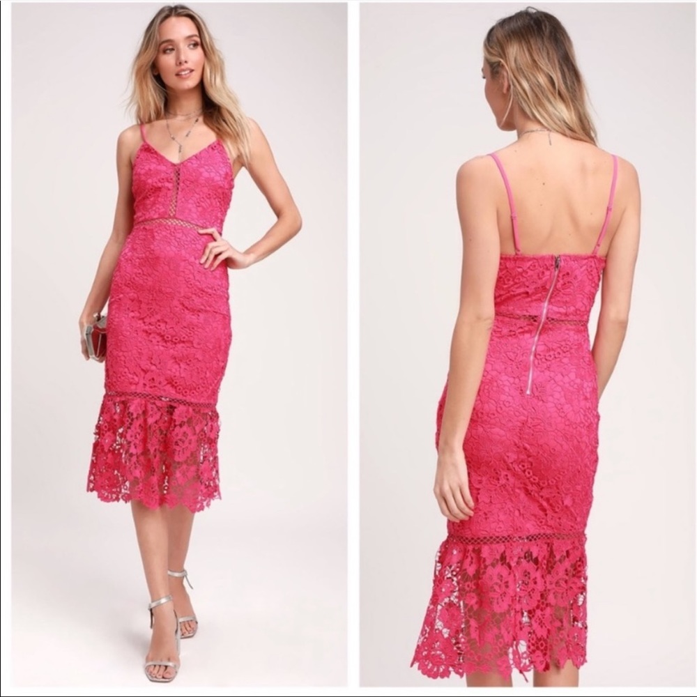 Lulus Hot Pink Lace Crochet Ruffle Hem Dress